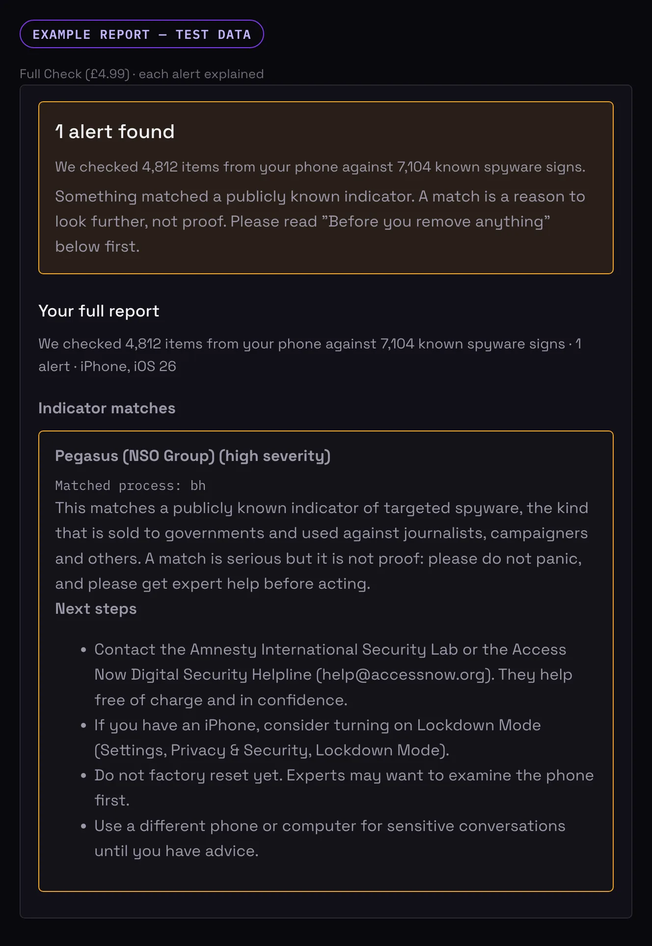 Example Full Check report: one Pegasus alert explained in plain English, with next steps such as contacting the Amnesty Security Lab or Access Now and not factory resetting yet.